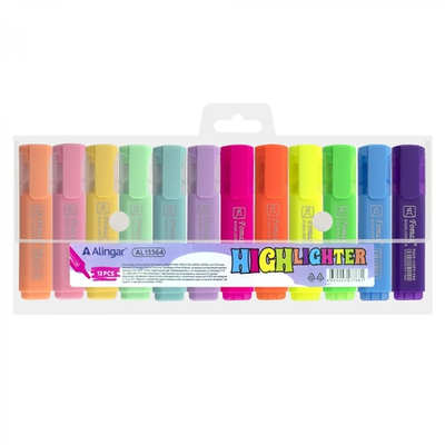 Набор текстовыделителей, 12 цветов, 6 пастель+6 неон, Alingar, "HIGHlighter", прямоугольный корпус, скошенный, пенал ПВХ с кнопкой, европодвес