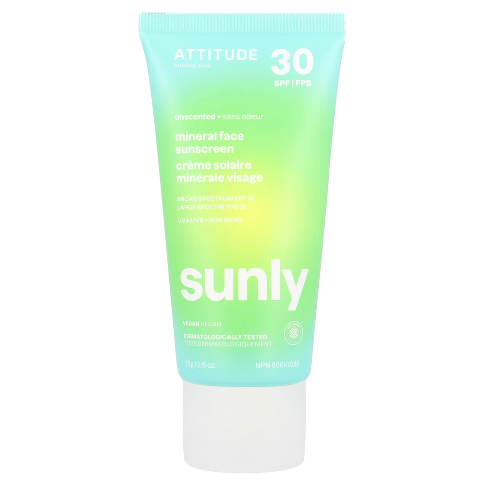 ATTITUDE, Sunly, минеральное солнцезащитное средство для лица, SPF 30, без запаха, 75 г (2,6 унции)