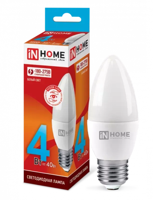 Лампа светодиодная LED-СВЕЧА-VC 4Вт 230В Е27 4000К БЕЛЫЙ 360Лм IN HOME