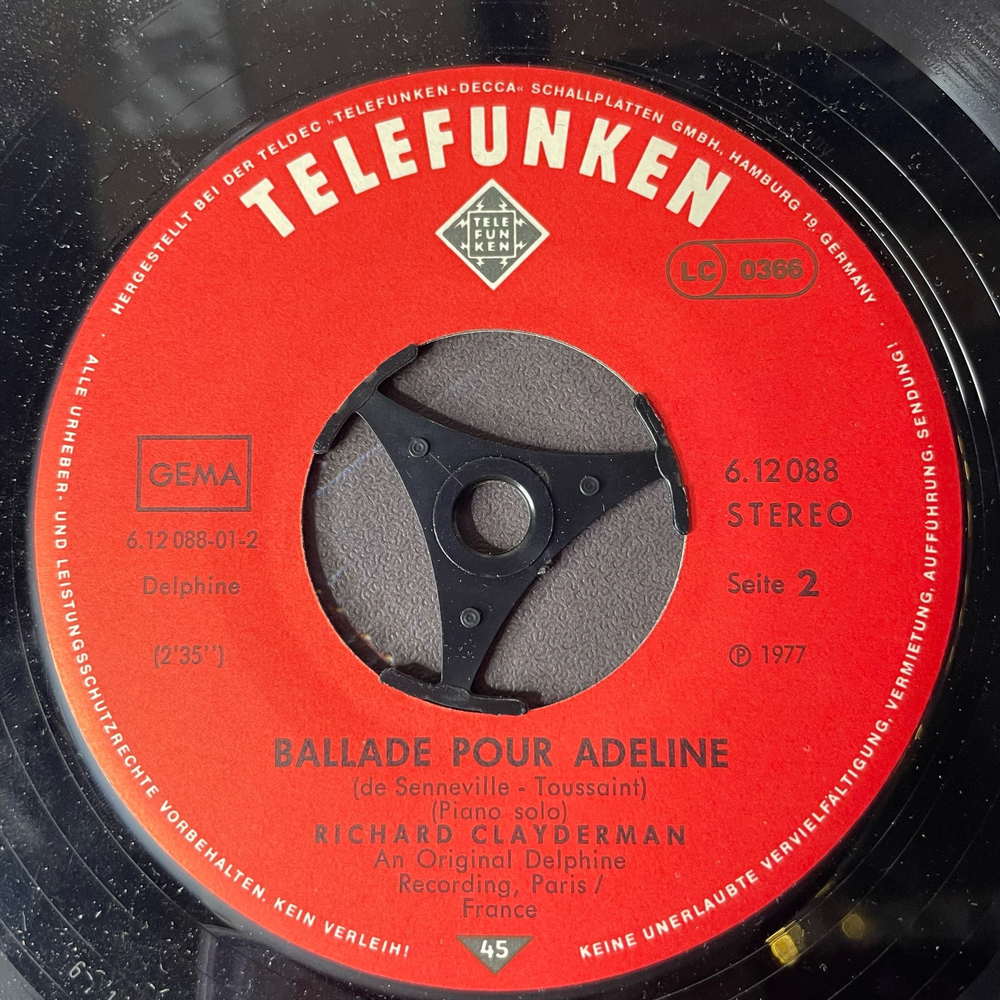 Винтажная виниловая пластинка 7 дюймов (маленькая пластинка) Richard Clayderman Ballade Pour Adeline (Германия 1977)