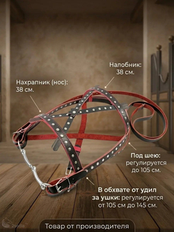Уздечка выездная из натуральной кожи 25мм украшенная- чернокрасная коб