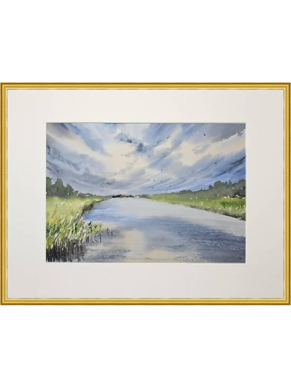 Картина авторская акварельная в паспарту 30х40 см на стену для интерьера "Закат на Яузе"