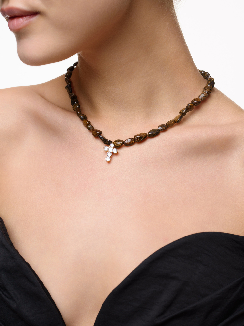 Колье "Elegant cross brown" Gold