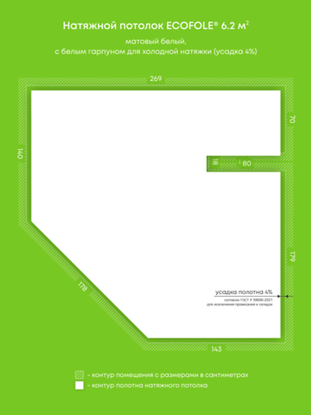 Матовый натяжной потолок 6.2 м2