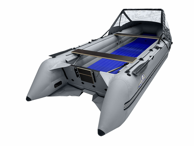 Надувная лодка ПВХ, Шерпа 430 JET, разъемный транец, тент,  серый