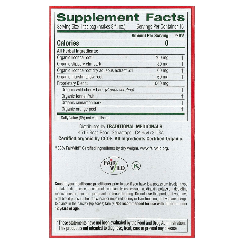 Traditional Medicinals, Organic ThroatCoat®, оригинальный продукт со скользким вязом, без кофеина, 16 запеченных чайных пакетиков, 32 г (1,13 унции)