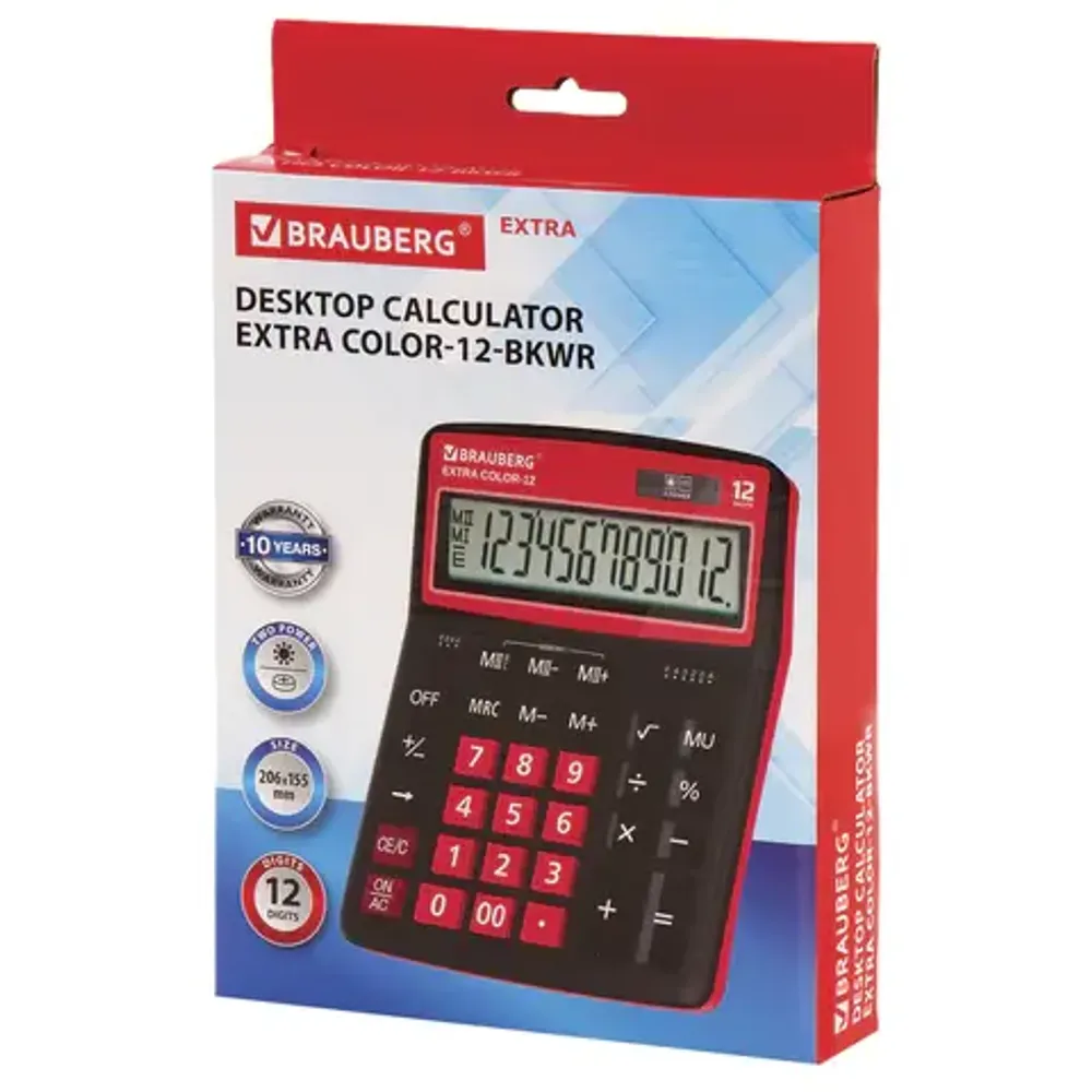 Калькулятор настольный Brauberg, 12 разрядов, EXTRA двойное питание, 206х155х28мм, черно-малиновый
