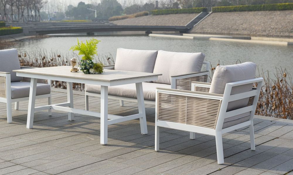 "Сан Ремо" кресло плетеное из роупа садовое, каркас алюминий белый, роуп бежевый, ткань бежевая