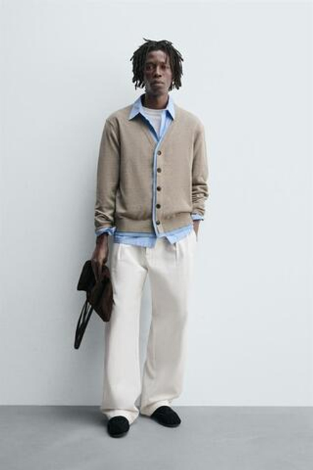 ZARA КАРДИГАН С КОНТРАСТНОЙ ОТДЕЛКОЙ, БЕЖЕВЫЙ