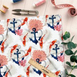 Ткань интерлок якорь золотые карпы кораллы