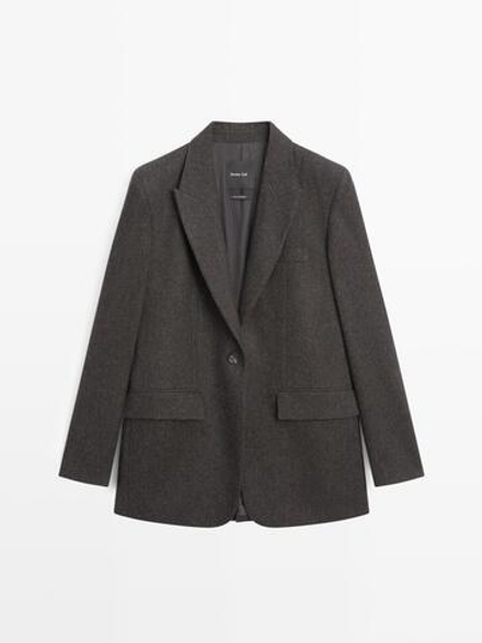 Massimo Dutti Блейзер из 100% шерстяной фланели с лацканами, шоколадный