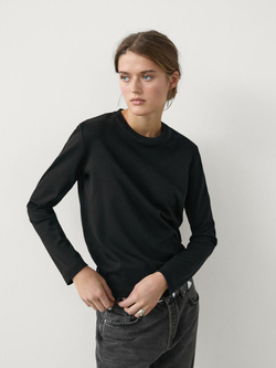 Massimo Dutti Футболка из хлопка с длинными рукавами, черный