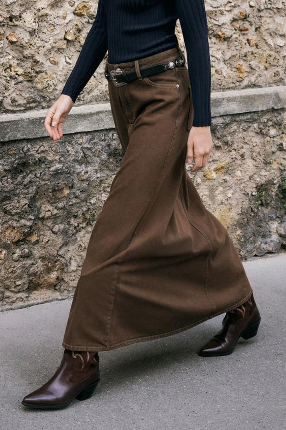 ZARA ДЖИНСОВАЯ ЮБКА-ТРАПЕЦИЯ Z1975 MIDI, КОРИЧНЕВЫЙ