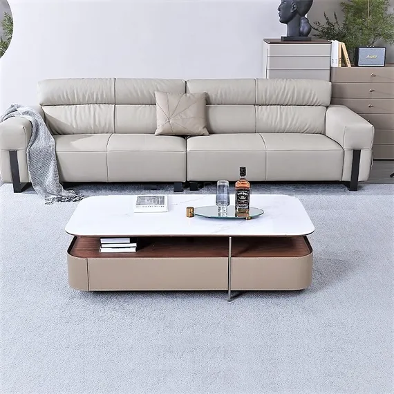 Журнальный столик 4636, белая керамика, шпон ореха, бежевая экокожа