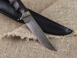 Нож "Тигр малый", дамасская сталь, рукоять черный граб мореный, литье голова зверя