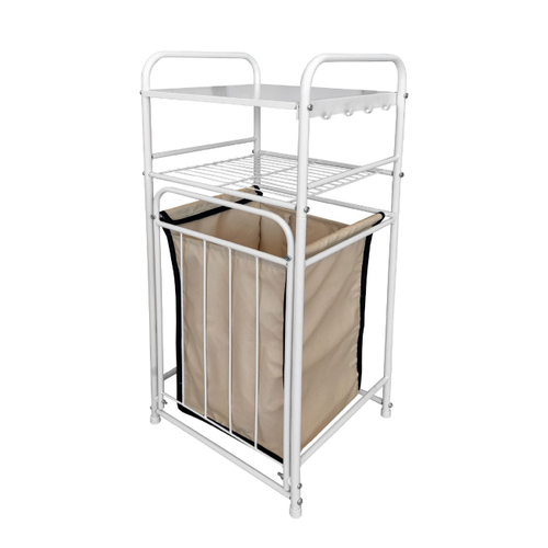 Стеллаж в ванную комнату 2-х ярусный 38х35х93 см с корзиной для белья 45л белый