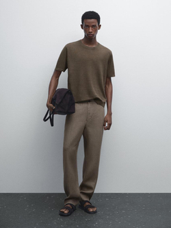 Massimo Dutti Трикотажная футболка с короткими рукавами из 100% льна, кофейный