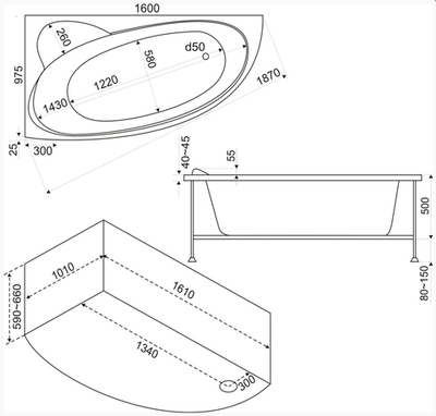 Ванна акриловая BAS Сагра правая 1600х1000 с гидромассажем и каркасом
