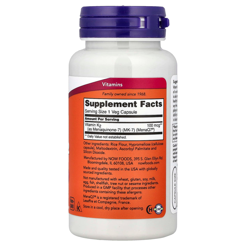NOW Foods, MK-7, витамин K2, 100 мкг, 120 вегетарианских капсул