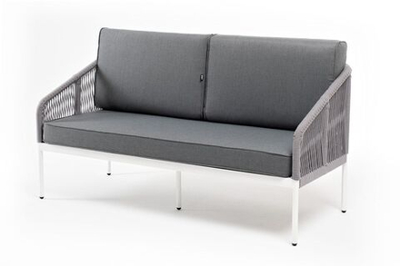 "Канны" диван 2-местный плетеный из роупа, каркас алюминий белый, роуп светло-серый круглый, ткань светло-серая