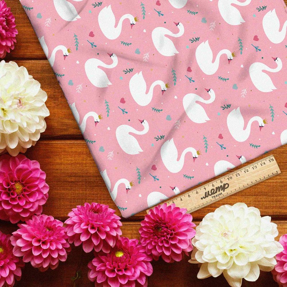 Ткань футер 2-х нитка лебеди на розовом