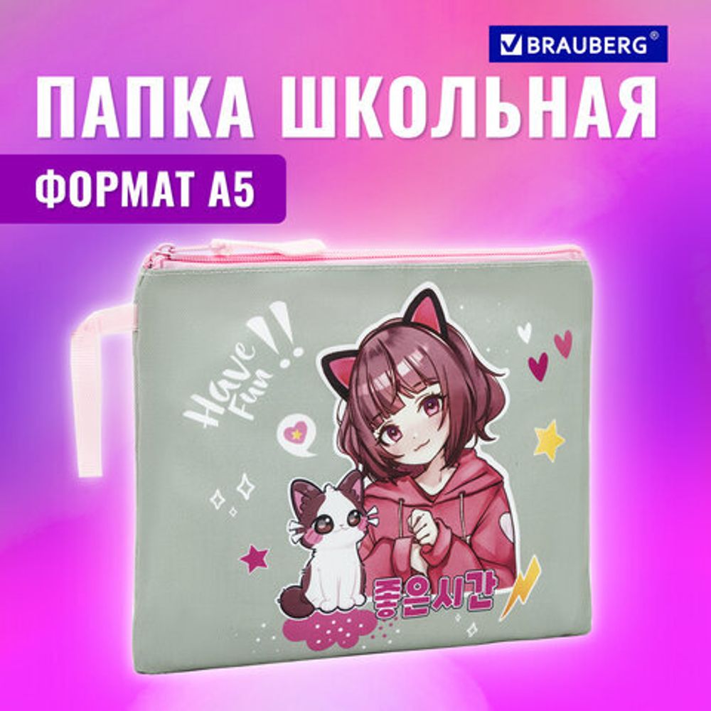 Папка для тетрадей BRAUBERG А5, 1 отделение, полиэстер, на молнии, с ручкой, "Anime friends", 272202