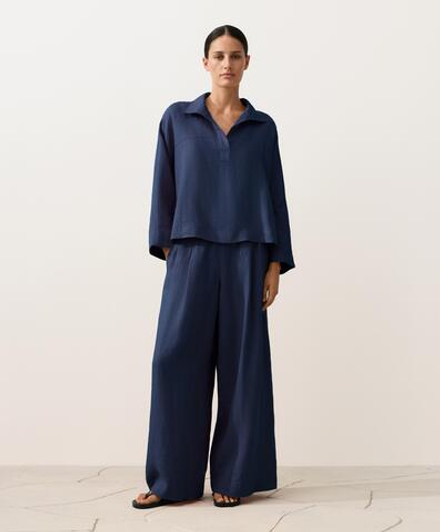 Oysho Рубашка-поло оверсайз с длинными рукавами из 100%-го льна, синий