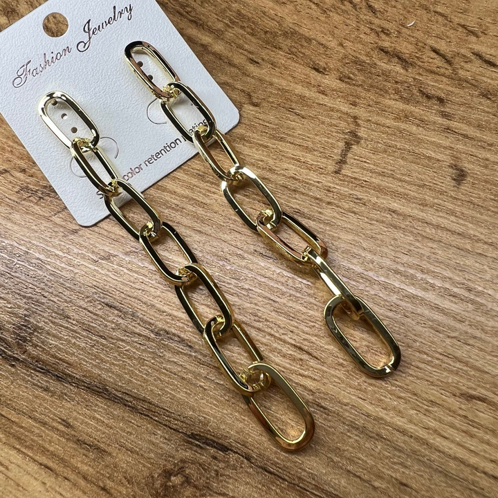 Серьги "Цепи" 7 звеньев плетение якорное овал плоский тонкий металл золотистый 9,5 см