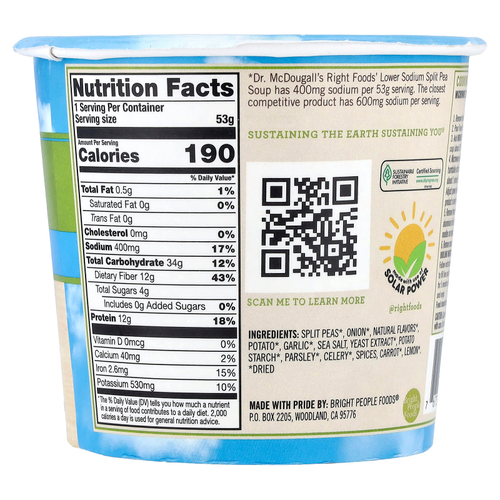 Dr. McDougall's, Vegan Soup Cup, Lower Sodium, Split Pea, 1.9 oz (53 g)