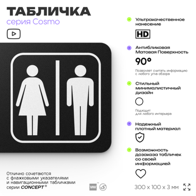 Табличка Туалет направо и направо, навигационный знак для офиса, кафе, ресторана, фитнес-клуба, отеля, 30 х 10 см черная, Айдентика Технолоджи