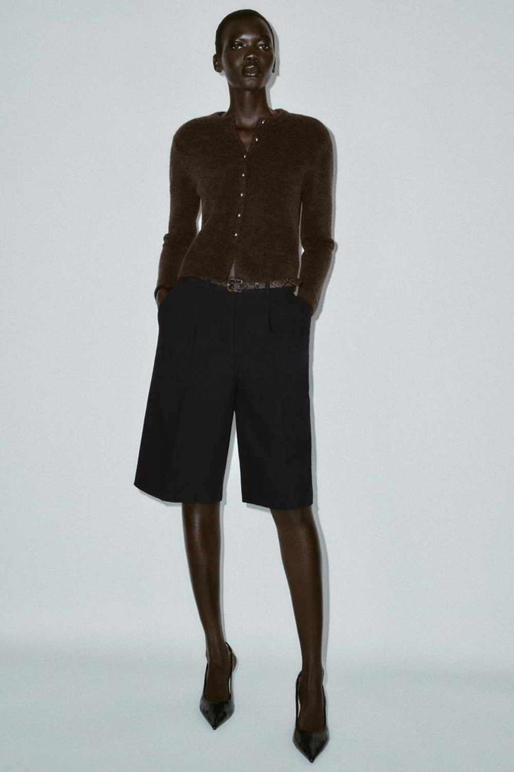 ZARА КАРДИГАН С ПУГОВИЦАМИ-ШАРИКАМИ, КОРИЧНЕВЫЙ МЕЛАНЖ