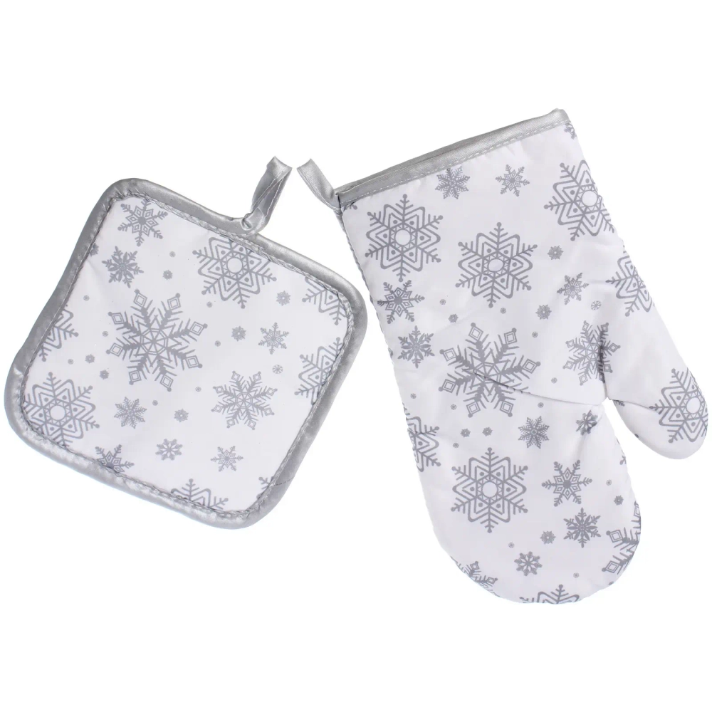 Прихватка в наборе с варежкой «Снежинка» цвет серебряный, 17,5*17,5 см и 27*17 см