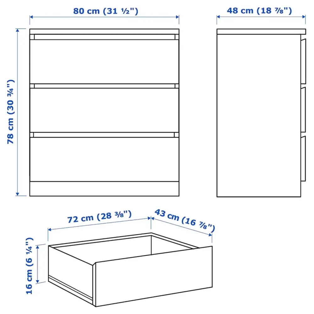 Мебель для спальни, набор из 3 предметов - IKEA MALM, 48х78х80/40х48х55 см,белый МАЛЬМ ИКЕА