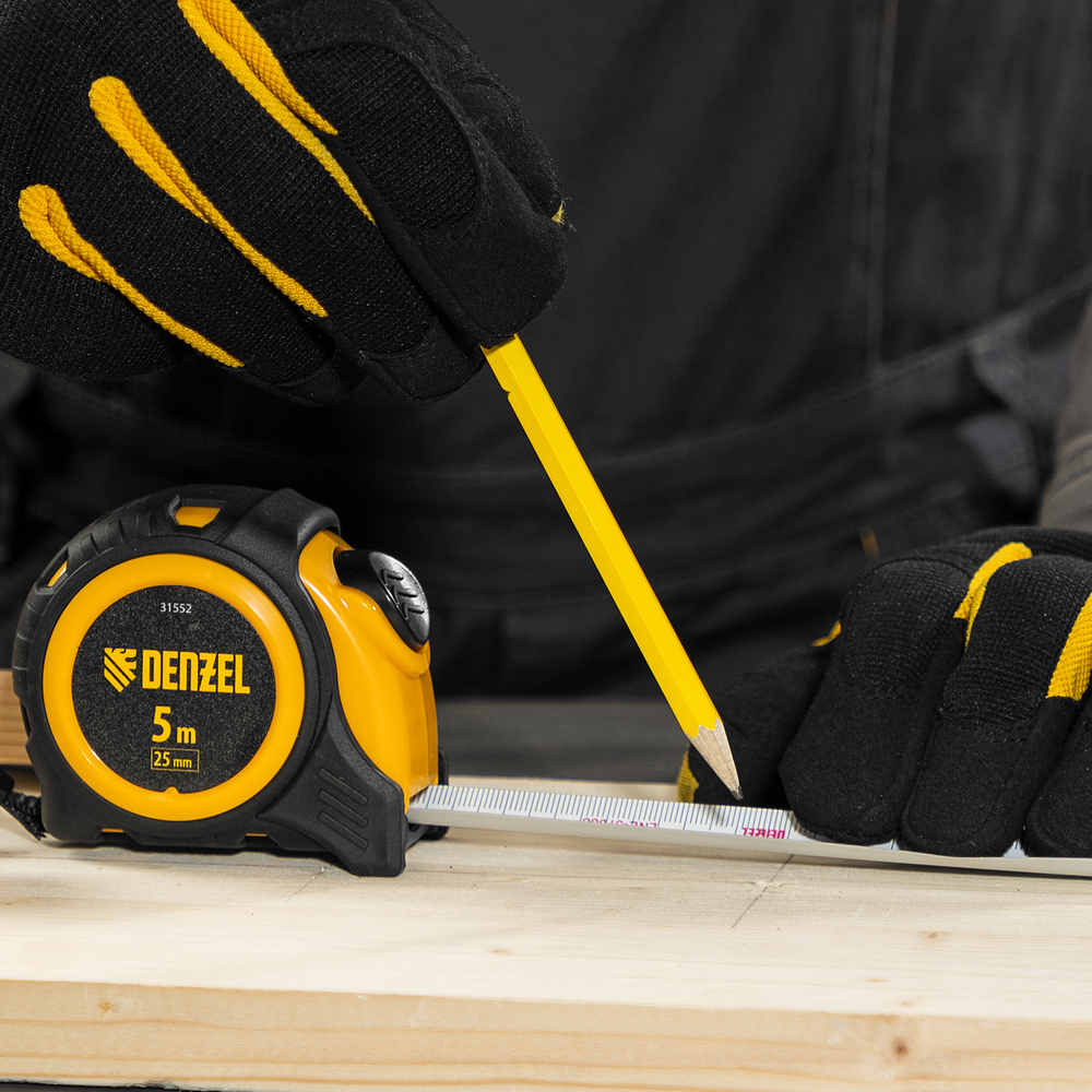Рулетка 5м х 25мм, обрезиненный корпус, автоматическая фиксация Denzel