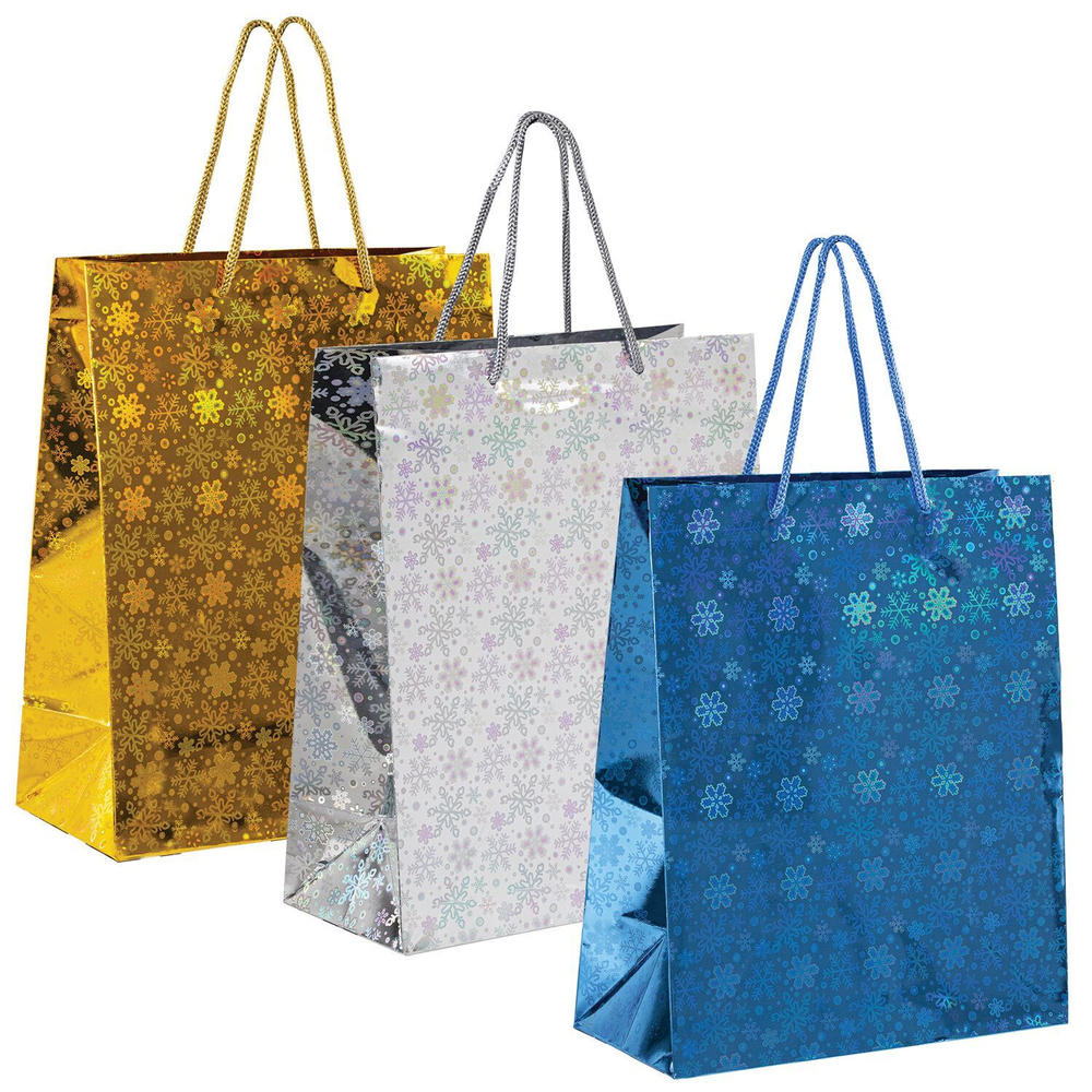 Пакет подарочный новогодний (1 шт) 41x19x49см (XXL) ГОЛОГРАФИЯ ассорти 3 цвета ЗОЛОТАЯ СКАЗКА 609613
