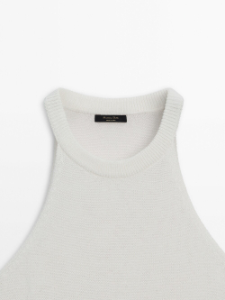 Massimo Dutti Трикотажный топ с горловиной халтер и деталями в рубчик, натуральный, кремовый