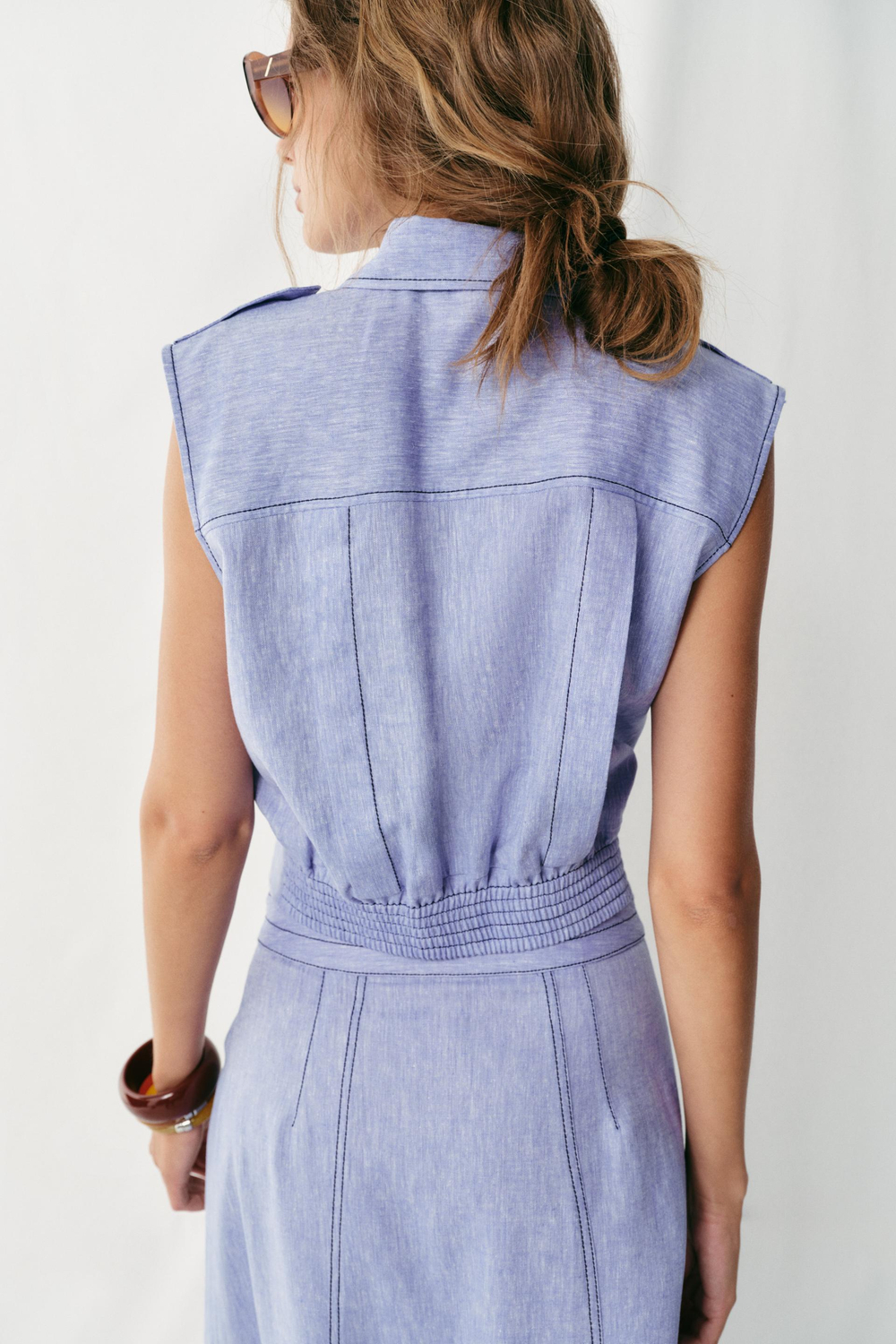 ZARA ТОП ИЗ СМЕСОВОГО ЛЬНА С КОНТРАСТНОЙ СТРОЧКОЙ, ГОЛУБОЙ