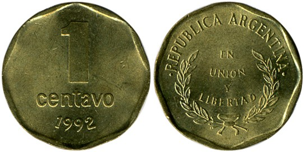 Аргентина 1 сентаво, 1992 8-угольная форма XF
