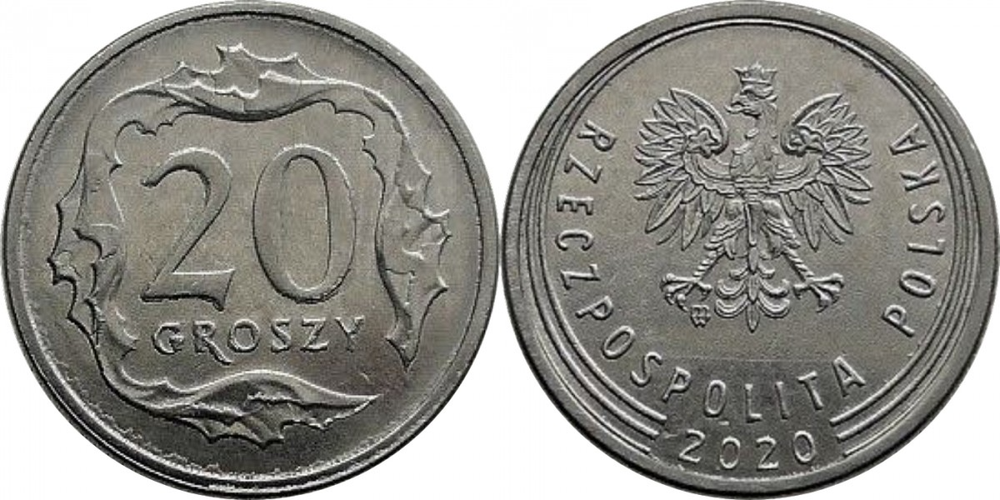 Польша 20 грошей, 2019-2025 Герб XF