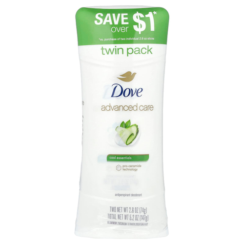 Dove, Advanced Care, дезодорант-антиперспирант, свежесть, набор из 2 шт. по 74 г (2,6 унции)