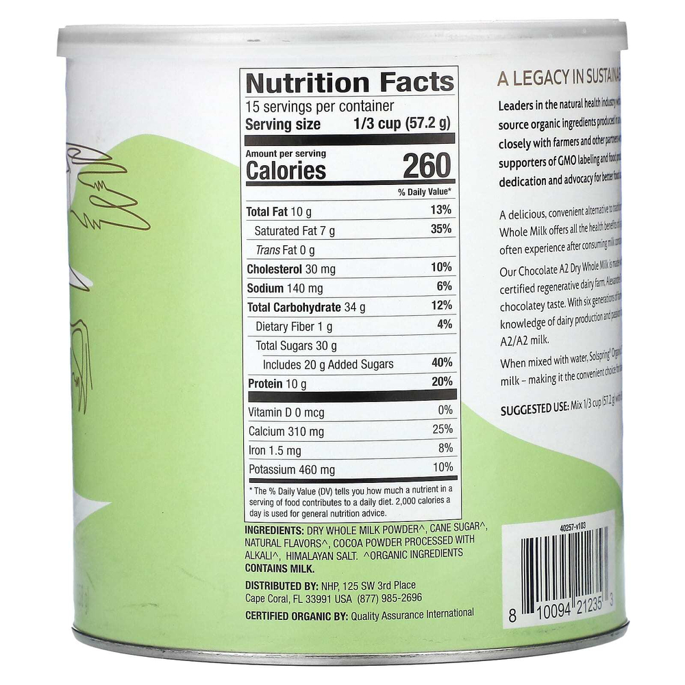 Dr. Mercola, Solspring®, органическое сухое цельное молоко А2, шоколад, 858 г (30,1 унции)