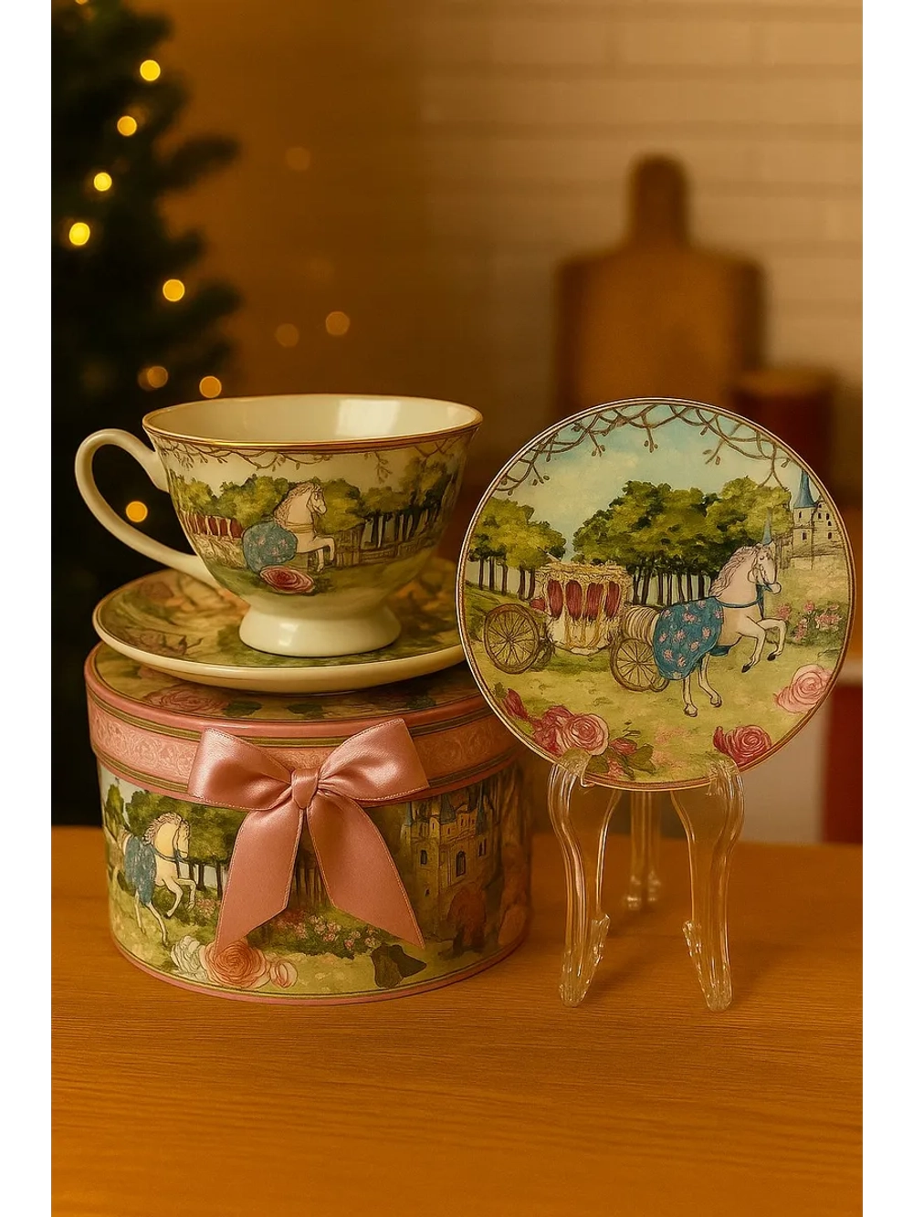 Новогодний чашка и блюдца с изображением лошади