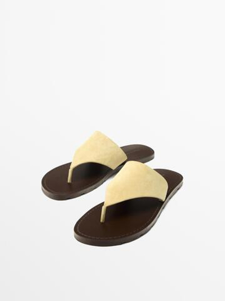 Massimo Dutti Сандалии с разделителем для пальцев ног из натуральной кожи, бежевый