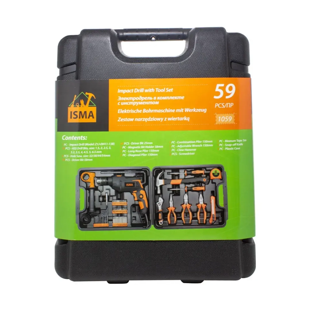 Набор инструментов с дрелью электрической,59пр.(220V,750W,0-2900об/мин),в кейсе ISMA ISMA-1059