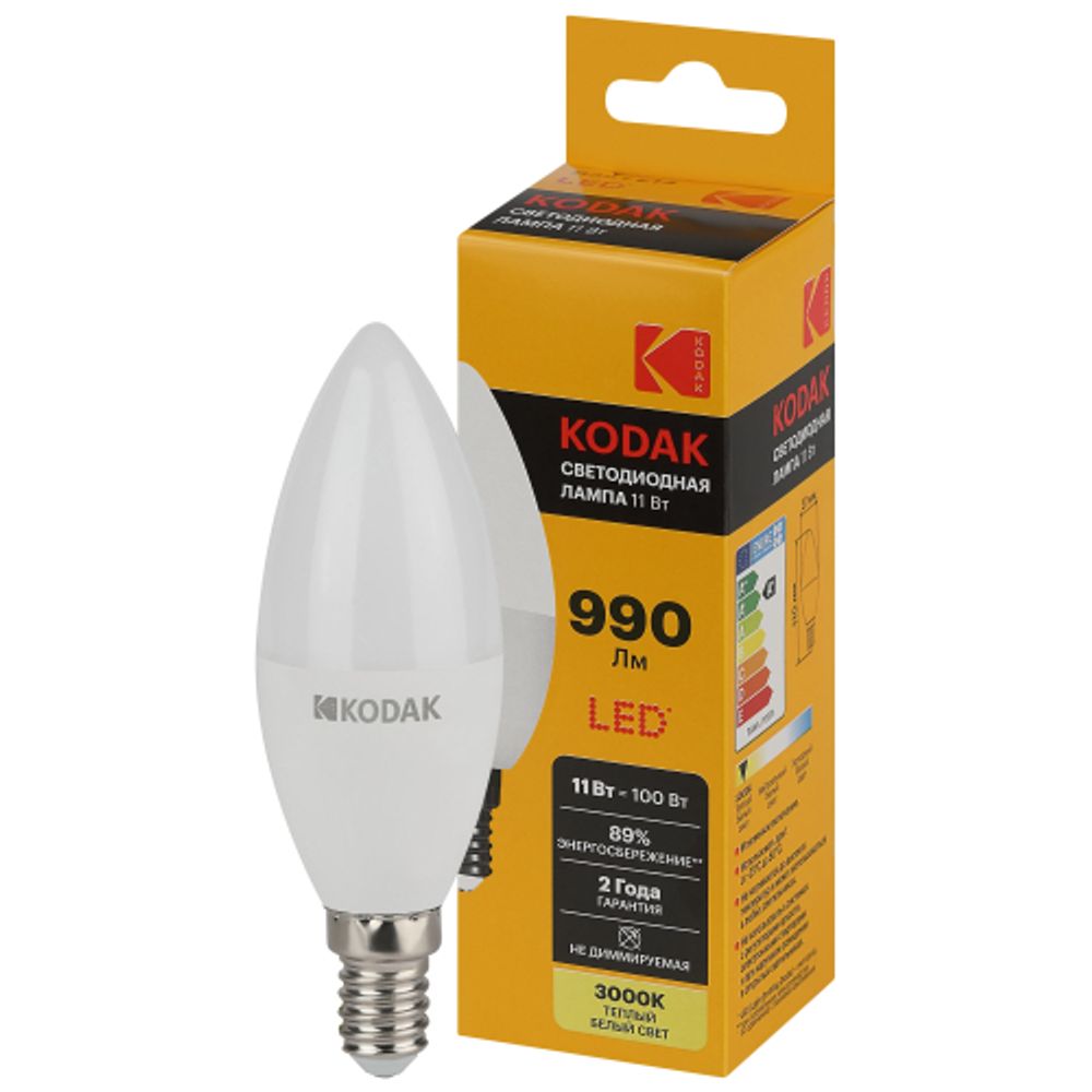 Лампа светодиодная Kodak LED B35-11W-830-E14 K 11Вт свеча теплый белый свет Е14 | Лампы cветодиодные Свеча (B/C)