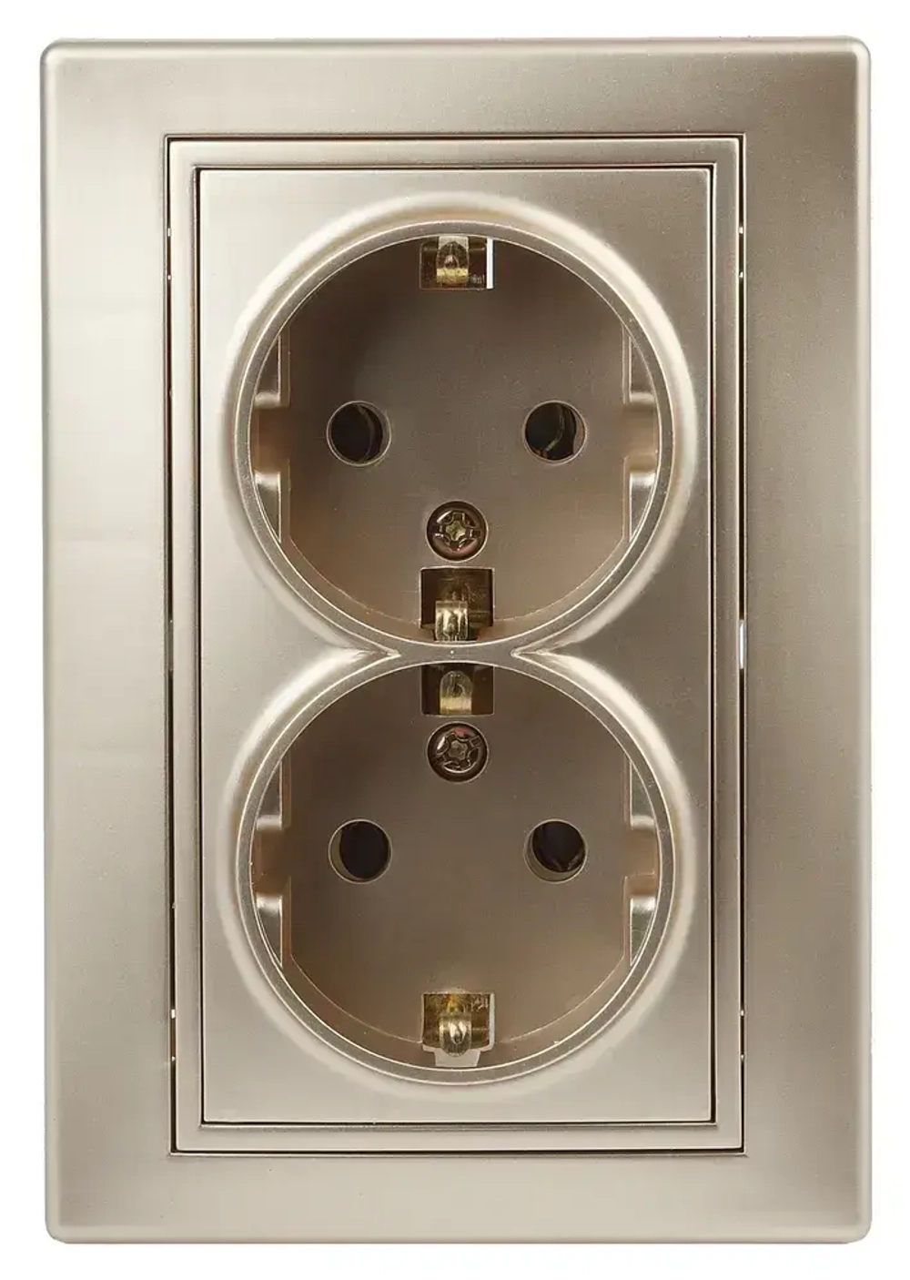 Розетка Intro Plano 1-205-04 с заземлением двойная 2X2P+E Schuko 16А-250В IP20 скрытой установки шампань