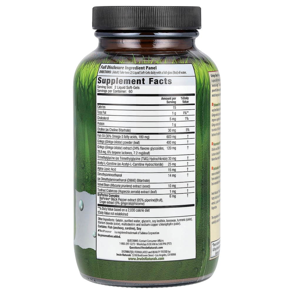 Irwin Naturals, Экстракт гинго для памяти и внимания, 120  гелевых капсул с жидким наполнителем