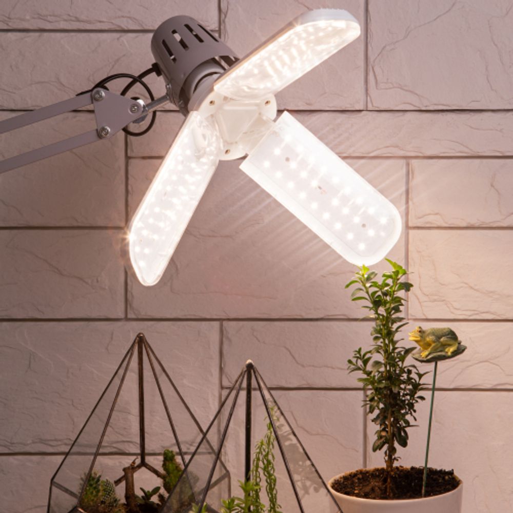 Фитолампа для растений светодиодная ЭРА FITO-24W-Ra90-E27-FOLD 3-х лепестковая полного спектра 24 Вт Е27 | Фитолампы Е27