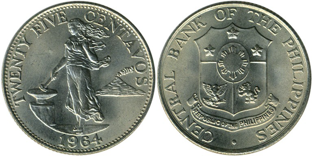 Филиппины 25 сентаво, 1958 - 1966 Майон XF