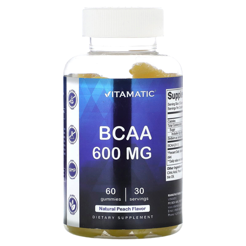 Vitamatic, BCAA, натуральный персик, 60 жевательных мармеладок (300 мг в 1 жевательной таблетке)